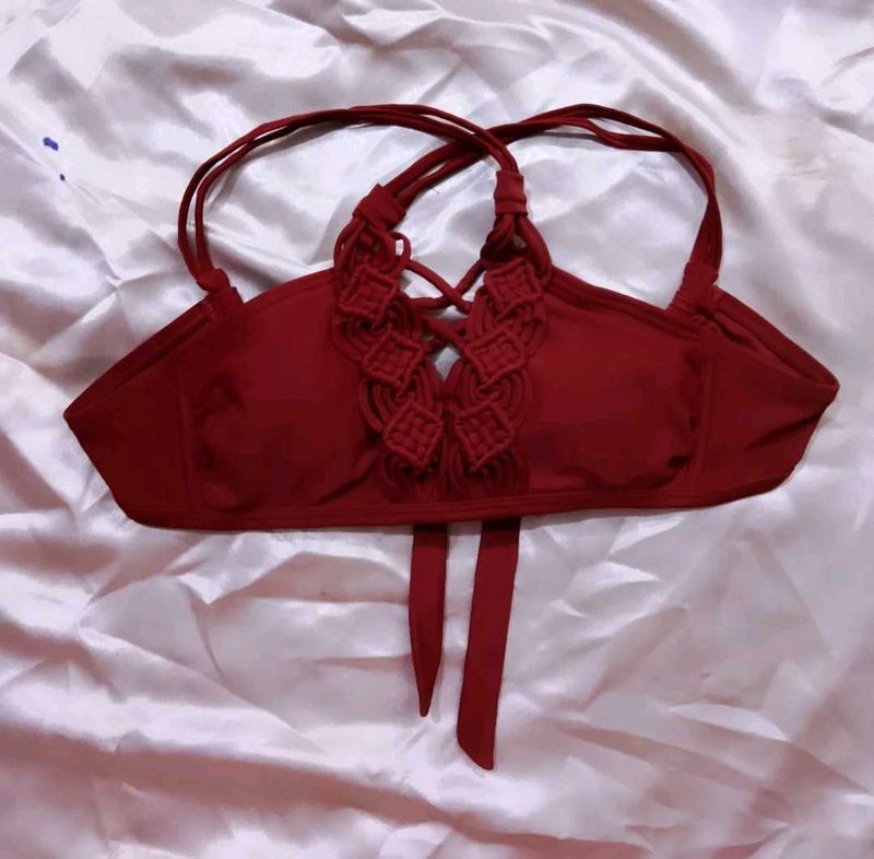 Red Macrame Bikini Top