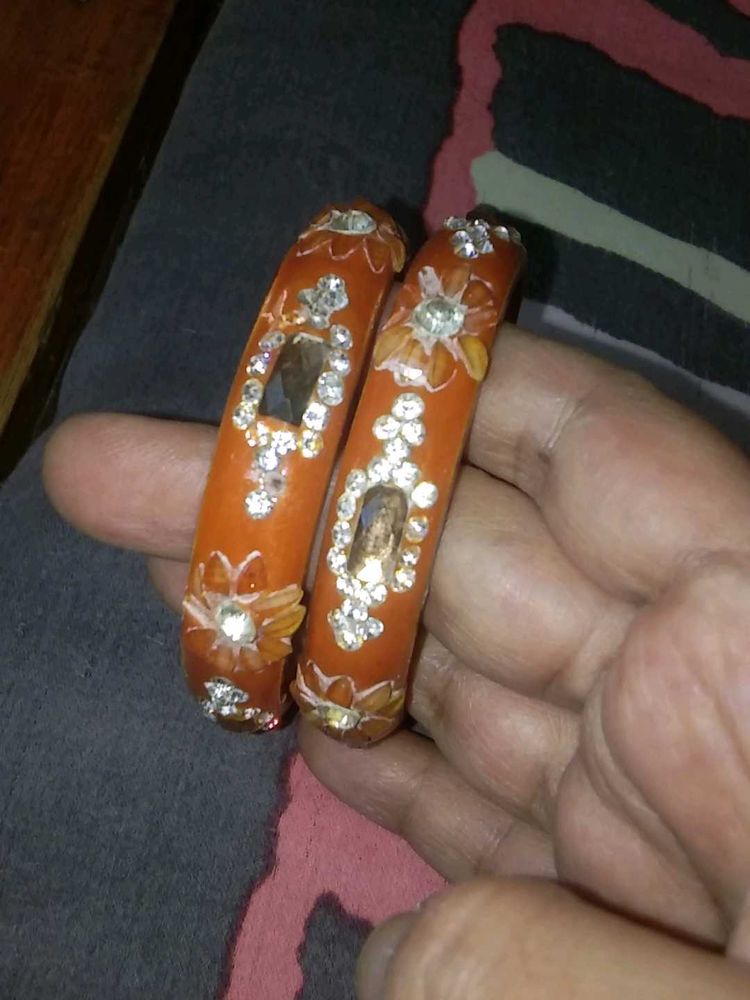 Elegant Orange Bangles with Rhinestones