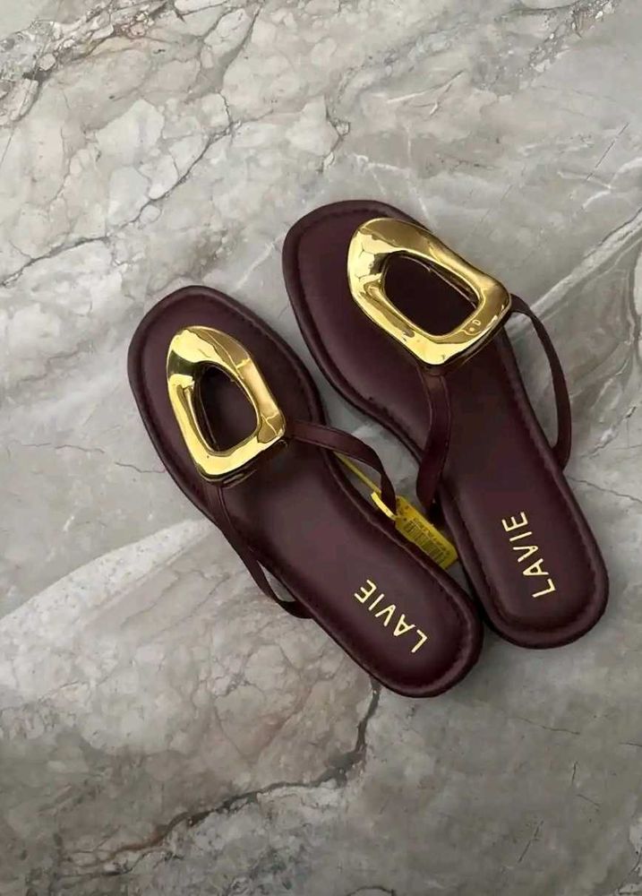 Stylish Burgundy Flat Sandals with Gold Buckle