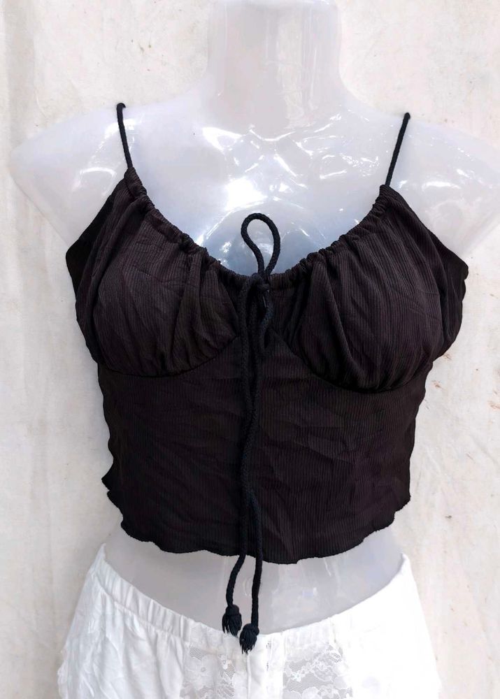 I. Black Ribbed Tie-Front Crop Top
