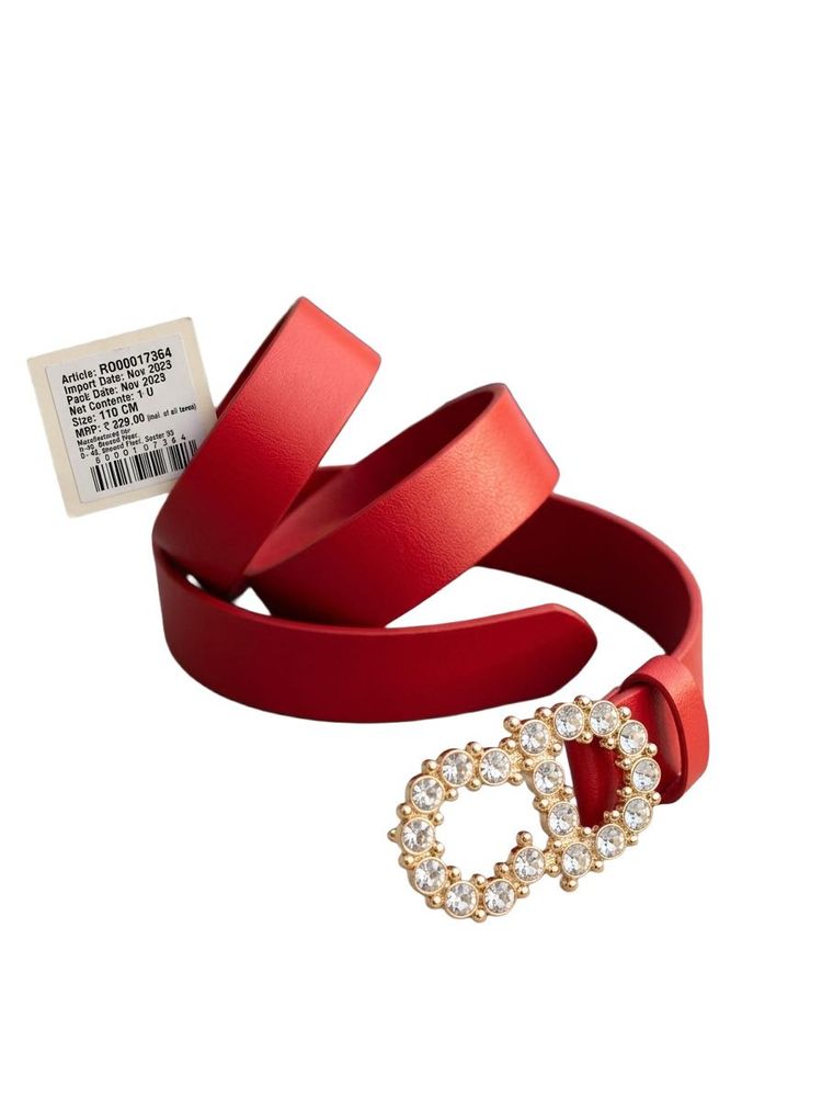 Red Designer Belt with Crystal Buckle
