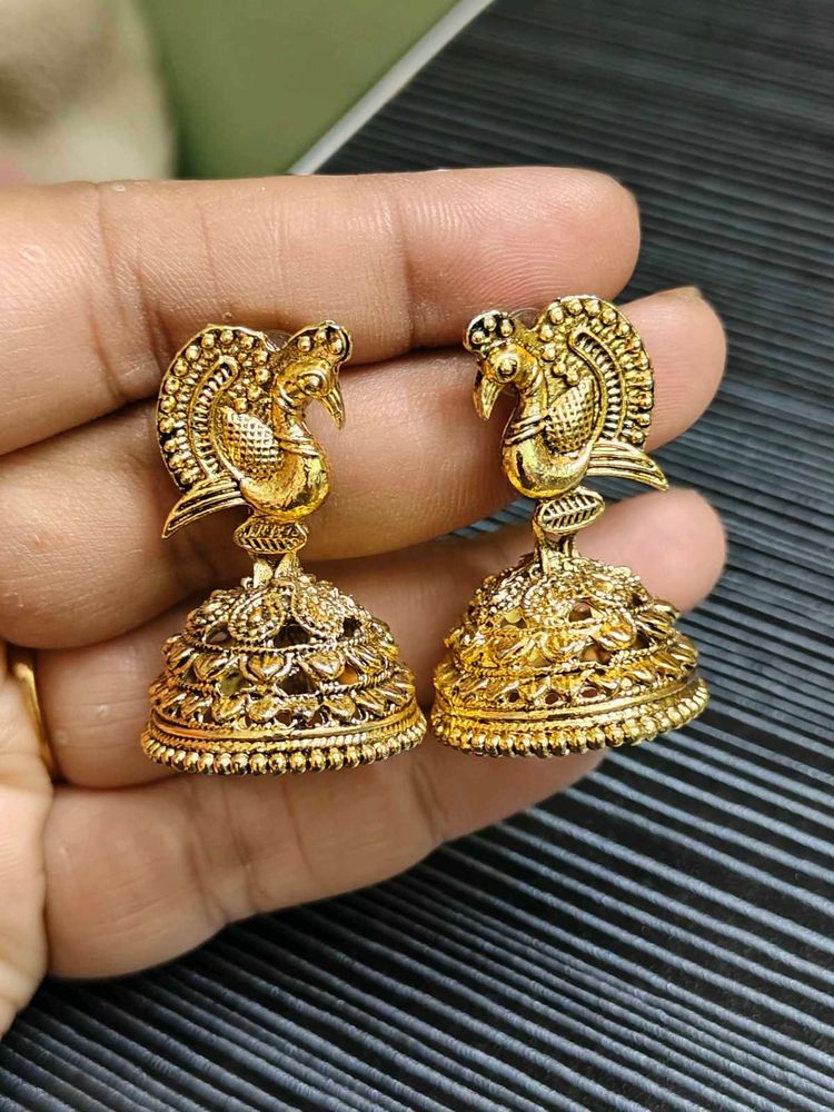 Beautiful Gold Peacock Jhumka Earrings