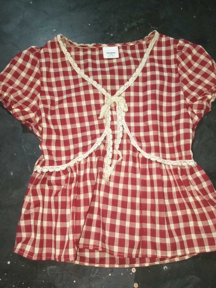 Cute Red Checkered Cottagecore Gingnam Top