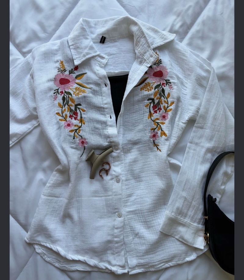 Embroidered White Button-Down Shirt