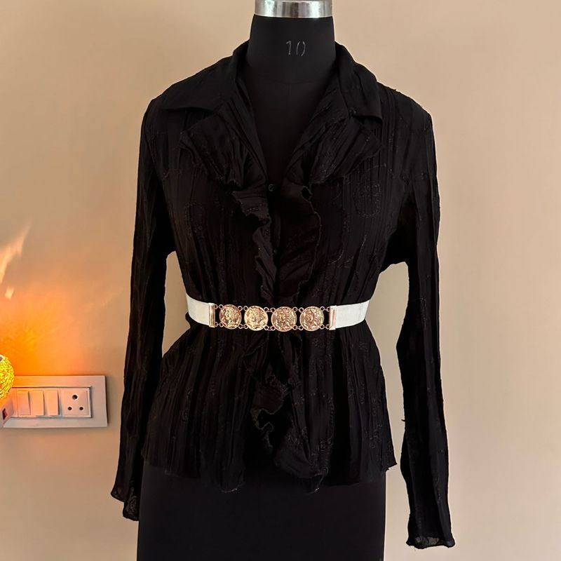 Black Ruffle Blouse with Coin Belt