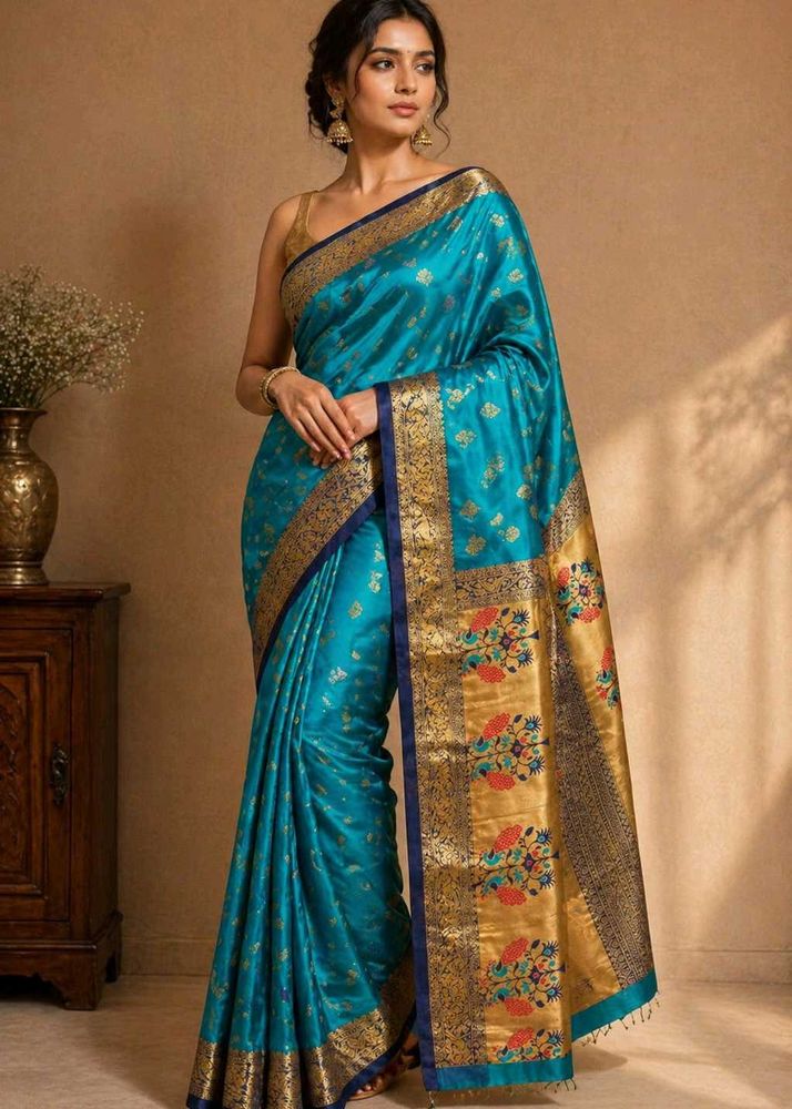 New/Unused Blue Saree with Gold Border