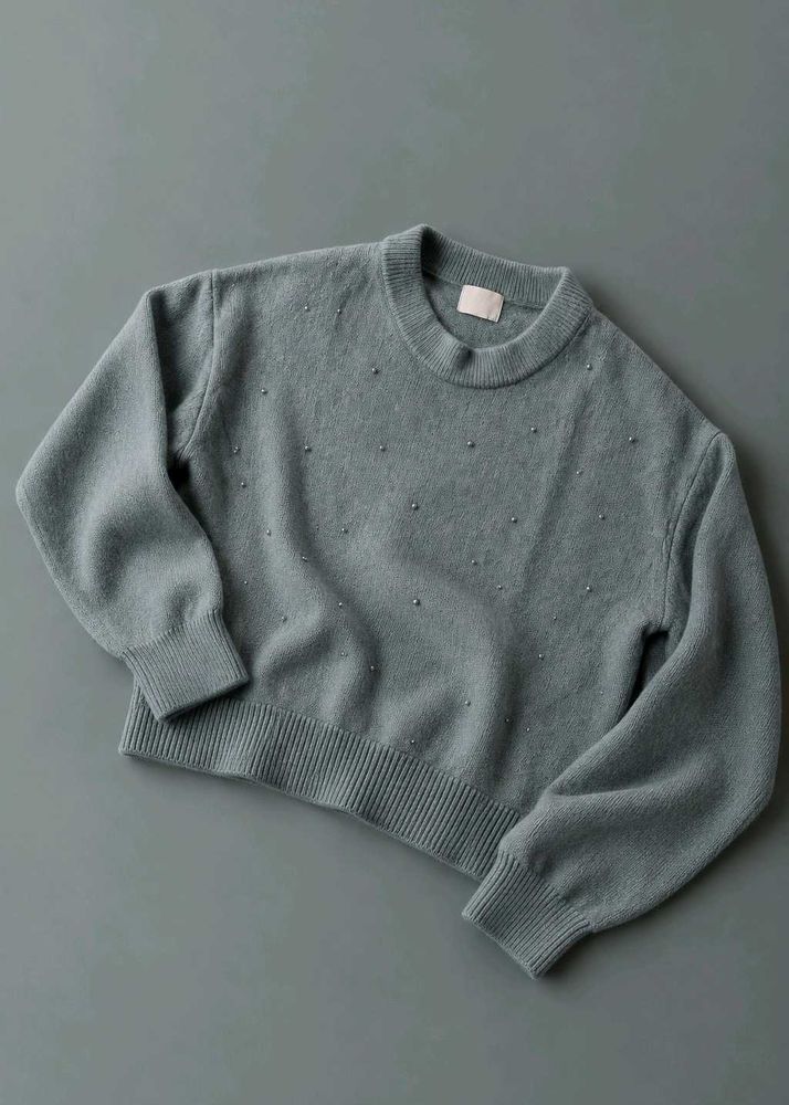 SAGE GREY PEARL EMBELLISHED KNIT SWEATER