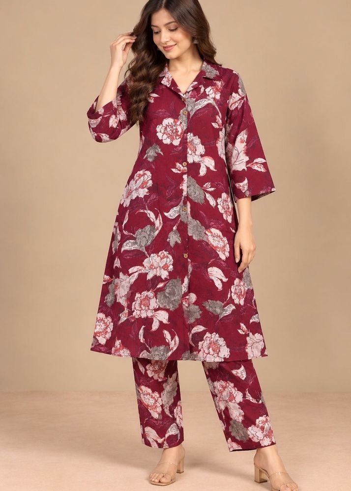 Maroon Floral Print Kurta Set
