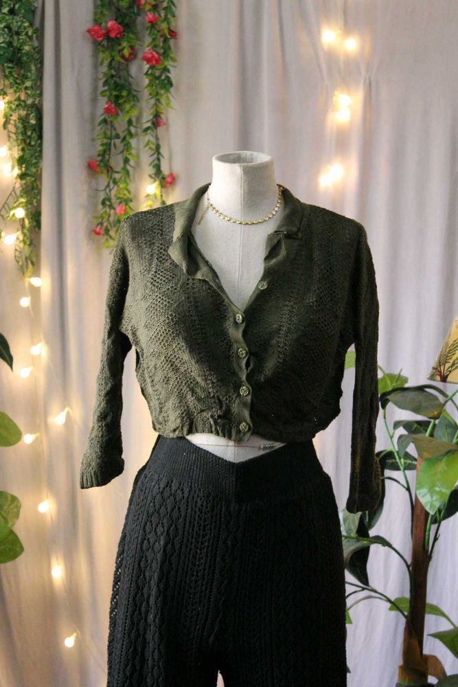 Olive Green Knit Cropped Cardigan