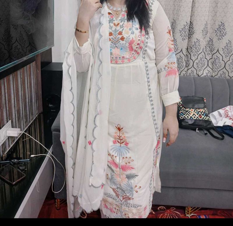 Embroidered Cream Kurta Set with Dupatta