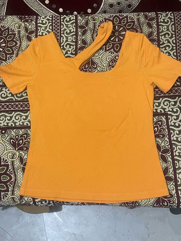 Orange Cut-Out Neck T-Shirt