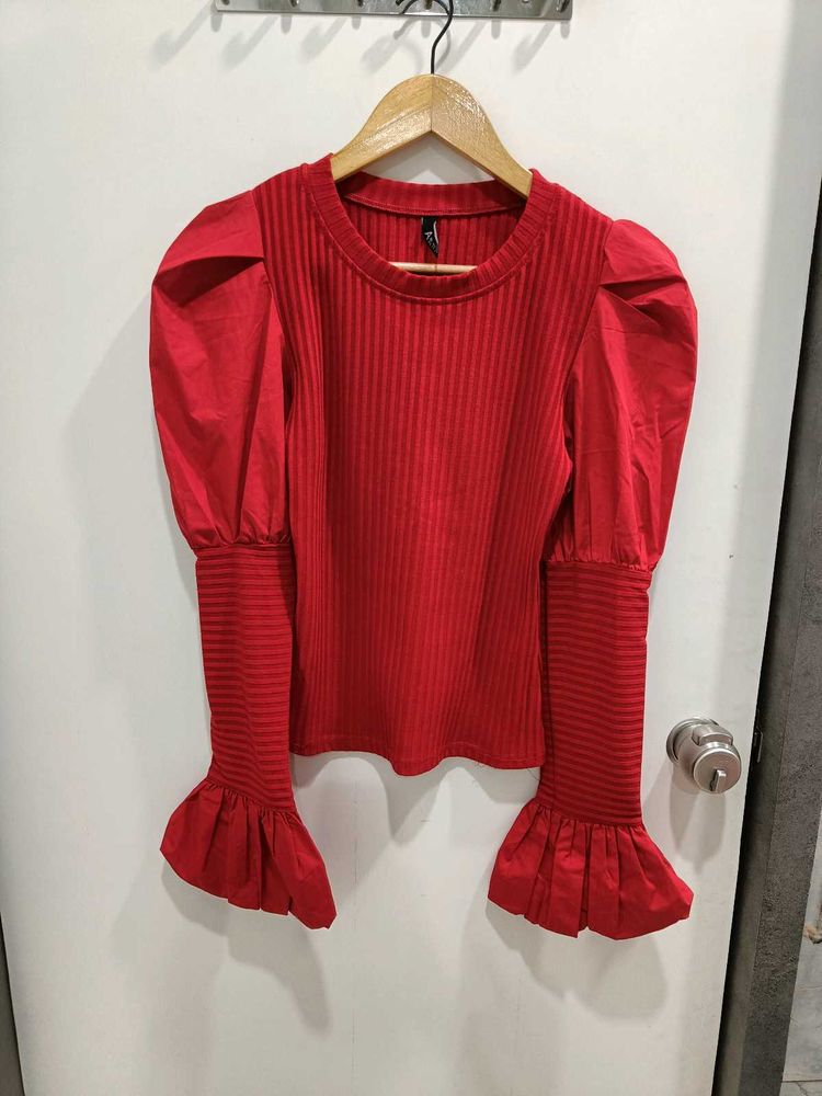 *New arrival*Red Puff Sleeve Ribbed Top