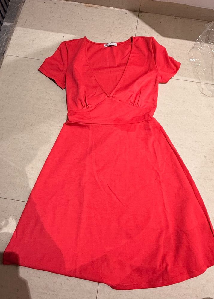Red V-Neck Casual Dress