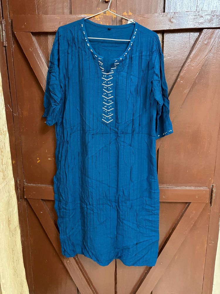 Teal Blue Kurta with Embellished Neckline