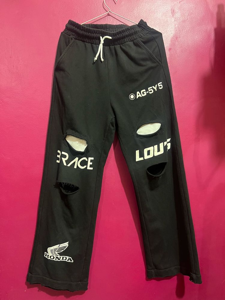 Distressed Black Joggers with Graphic Prints