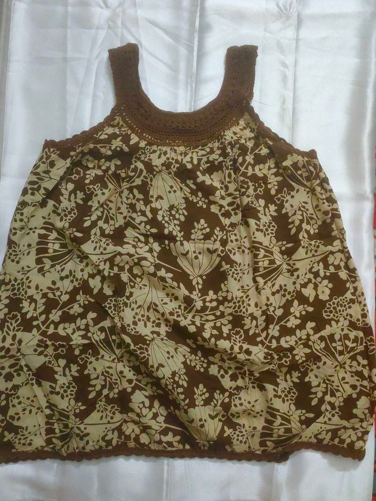 Brown Floral Print Crochet Top