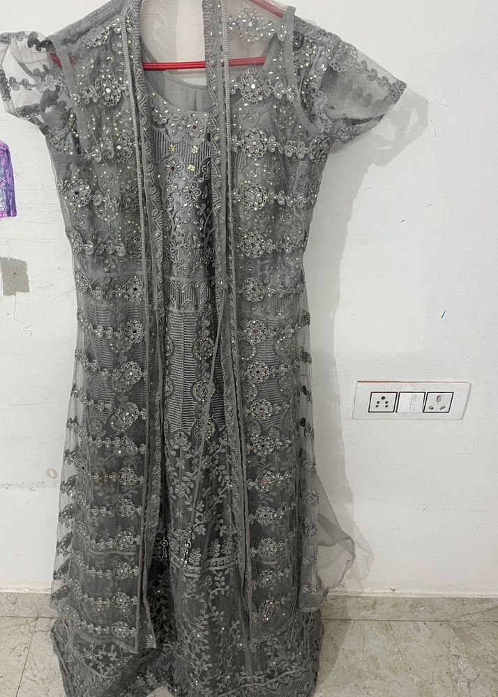 Grey Sequined Net ethnic gown with jacke
