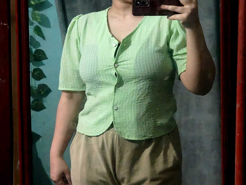 Light Green Textured Button-Up Top