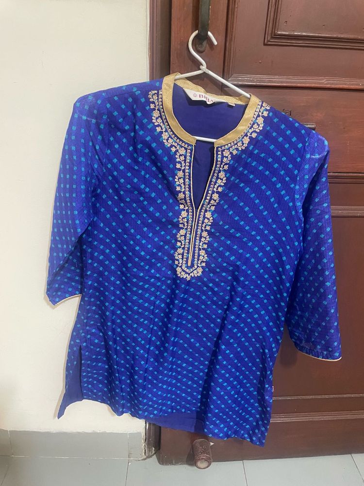 Blue Bandhani Print Kurti with Embroidery
