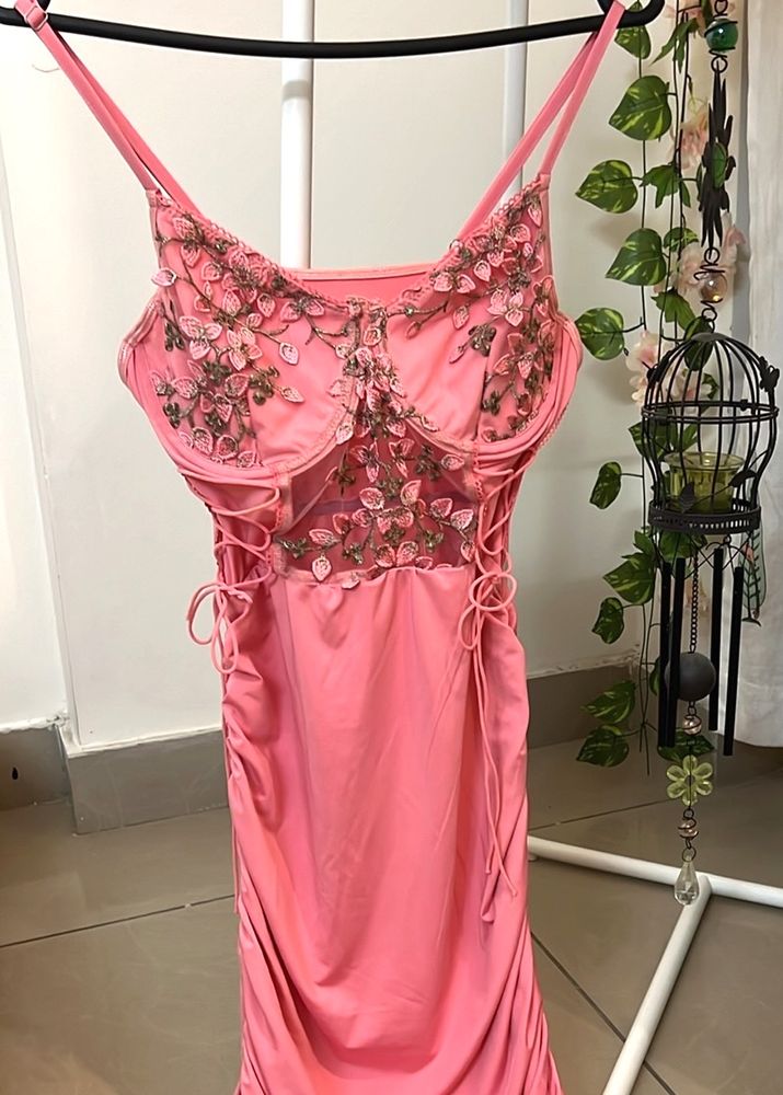 Pink Floral Lace Up Dress