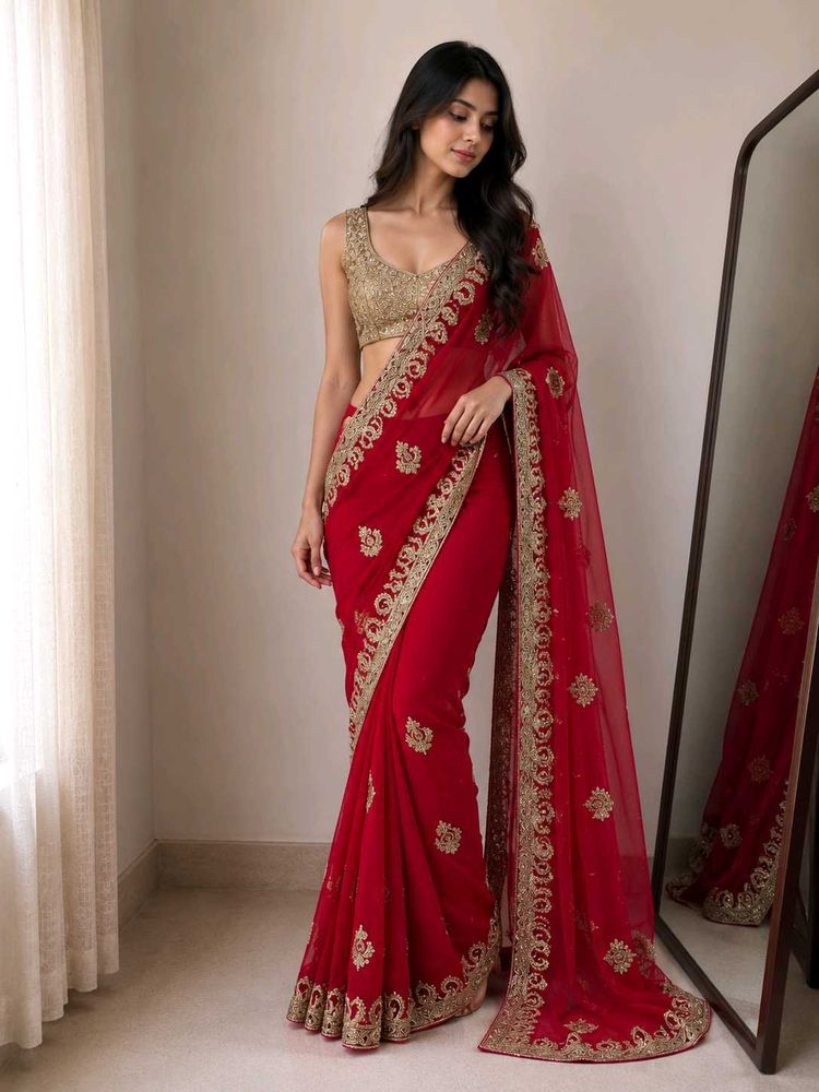 Stunning Red Embroidered Saree