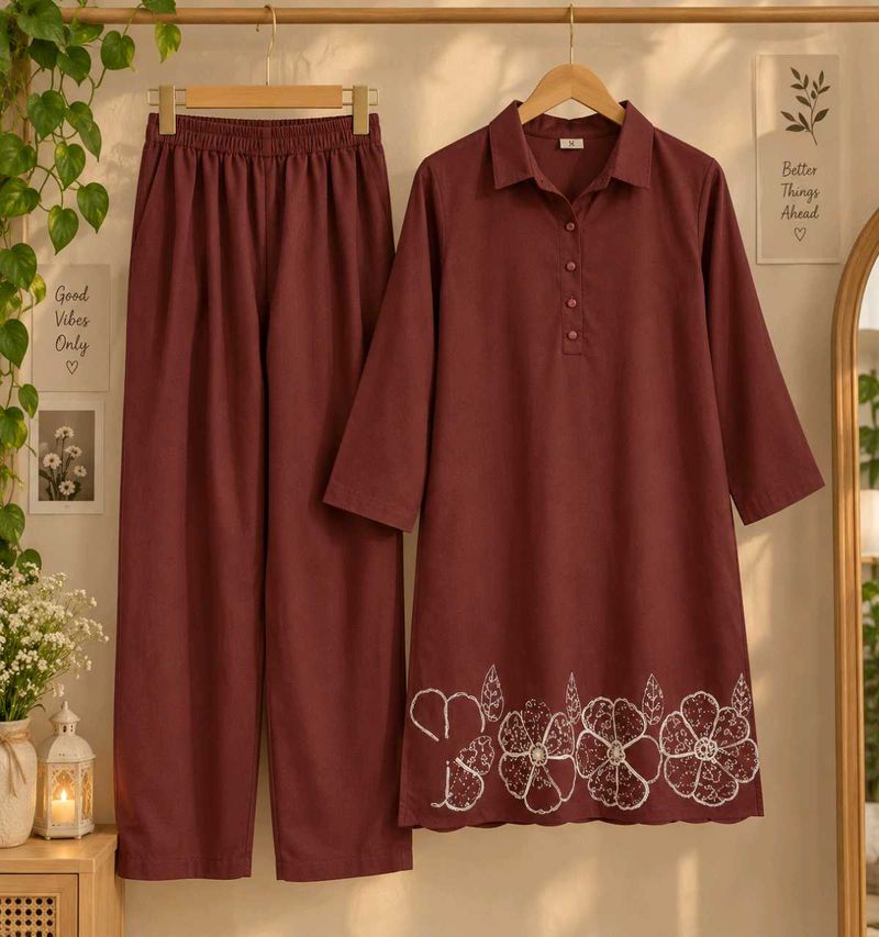 Maroon Floral Embroidered Kurta Set