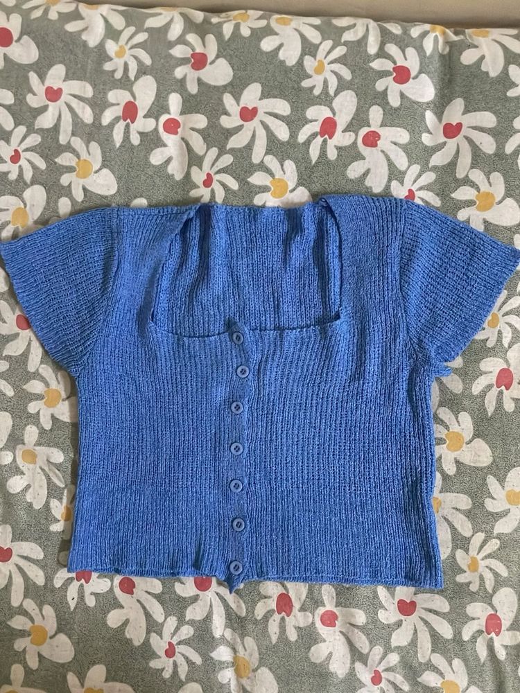Blue Ribbed Button-Up Crop Top