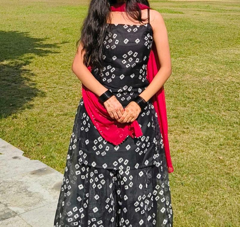 Black &amp; White Bandhani Kurta wide sharara
