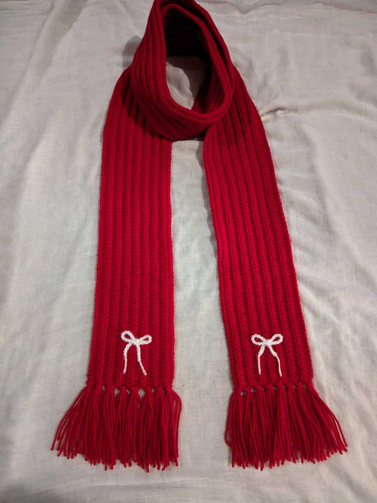 Red Handmade Crochet Mikasa Muffler With Bow 🧣