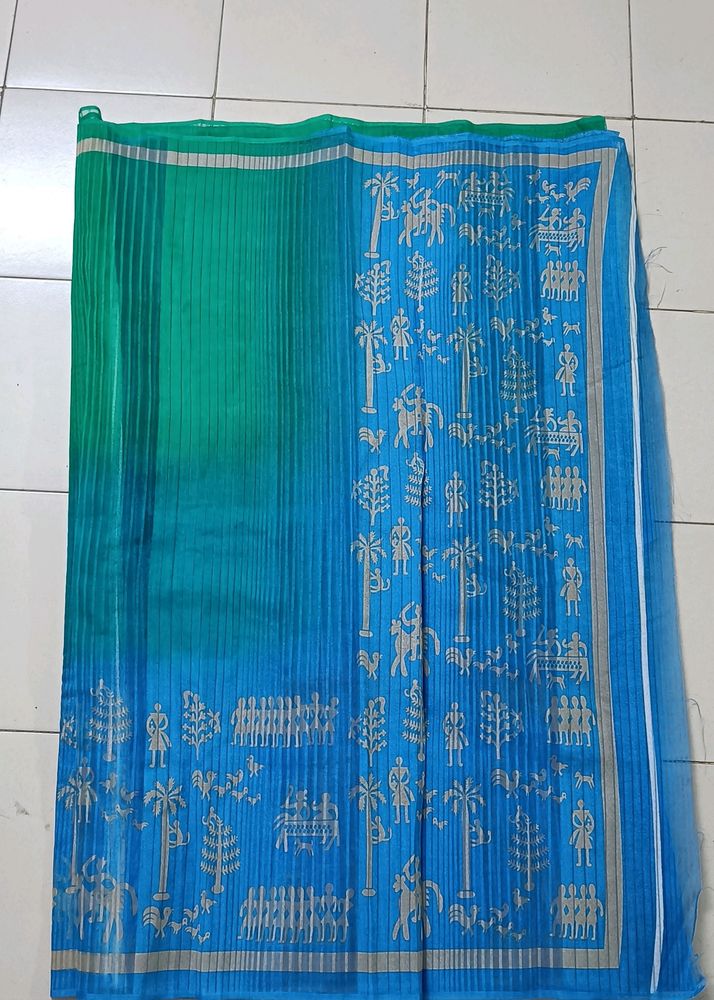 Fancy Blue And Green Beautiful Saree Uncut Blouse.