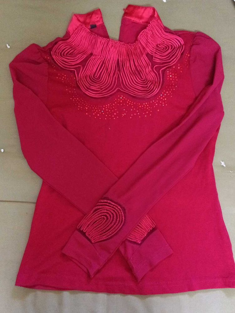 Chic Red Embellished Long-Sleeve Top