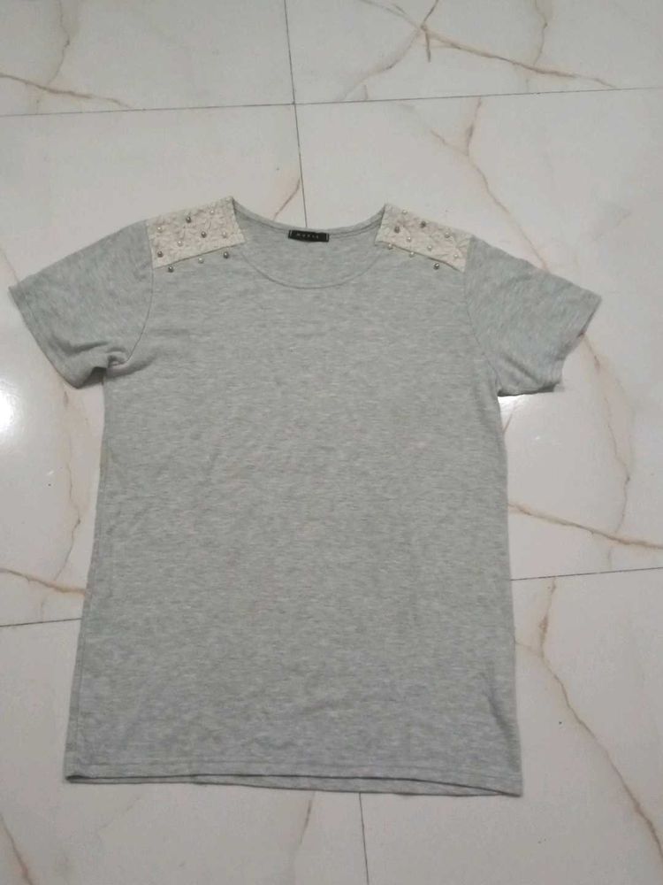 Grey Lace Embellished T-Shirt