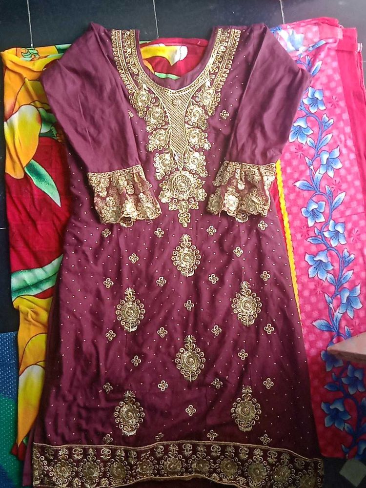 Maroon Kurta Set with Gold Embroidery
