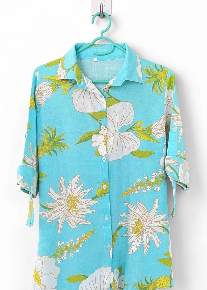 Sky blue Floral Print Button-Up Shirt