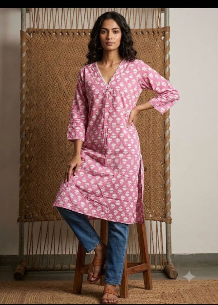Pink Block Print Cotton Kurta