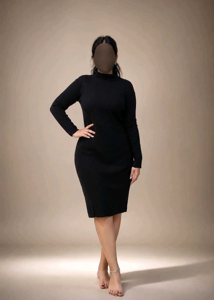 Black Ribbed Turtleneck Maxi Dress