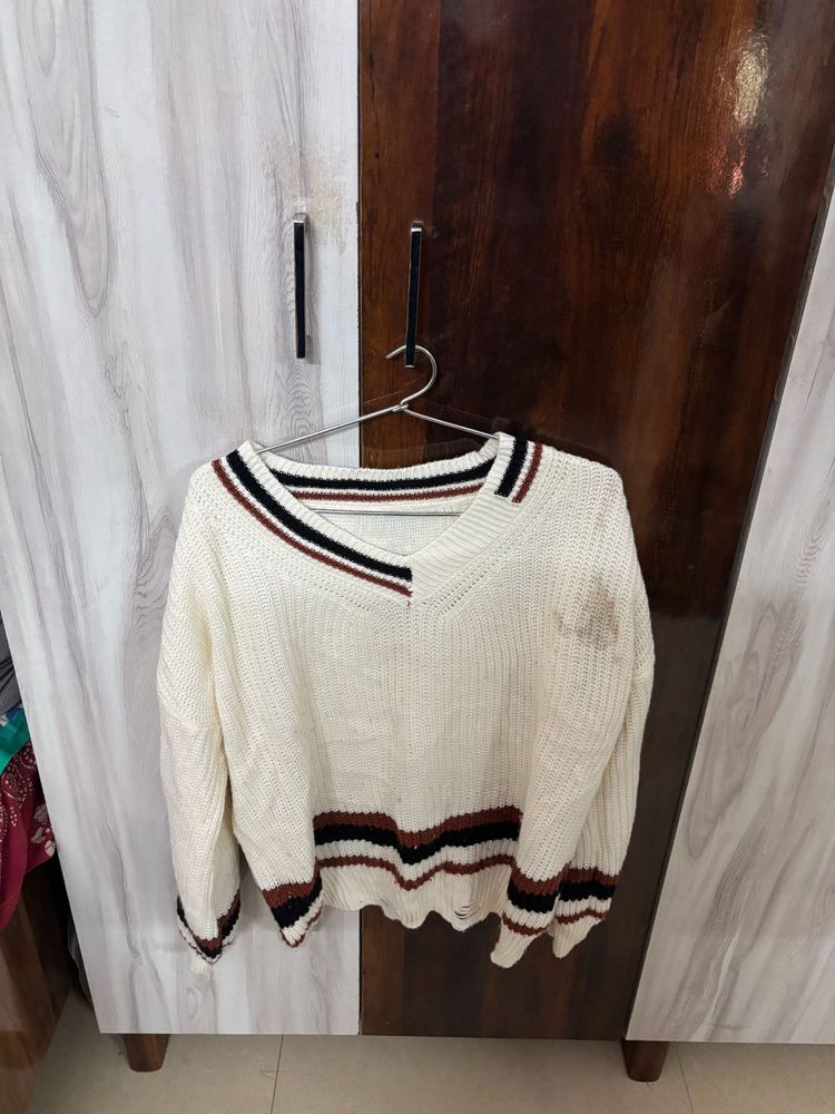 Cream V-Neck Striped Sweater