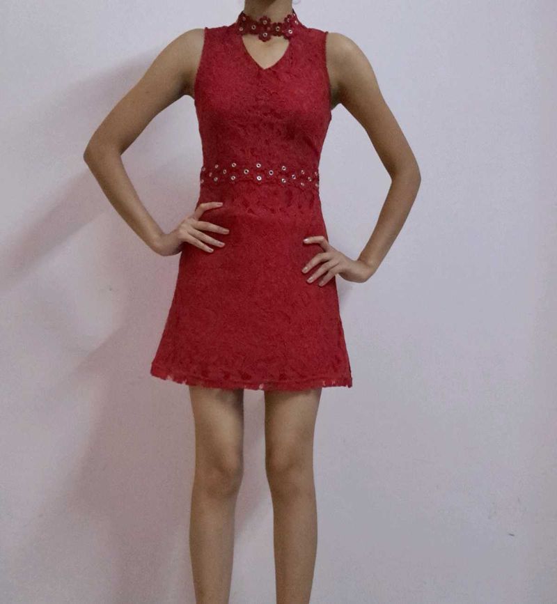 Red Lace V-Neck Dress with Choker
