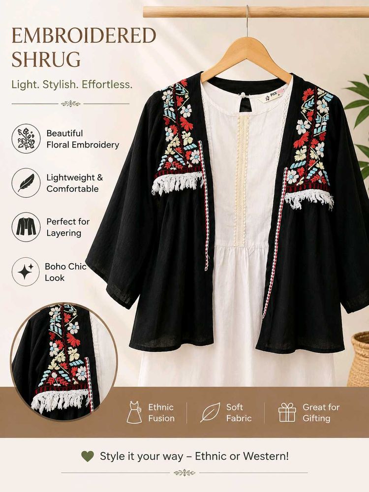 Embroidered Black Shrug - Boho Chic