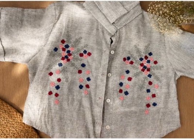Embroidered Grey Shirt Style Top