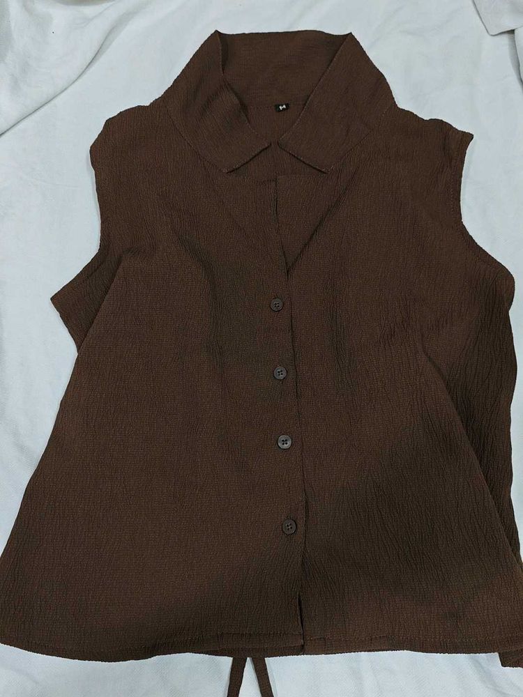 Sleeveless Brown Button-Up Top