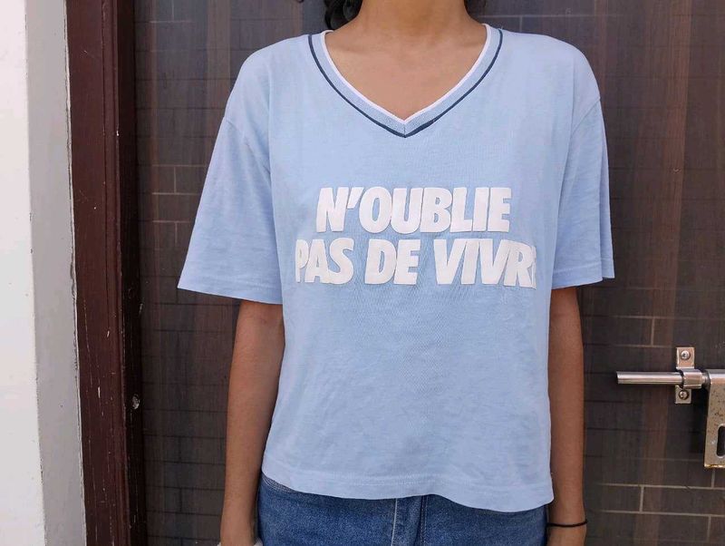 Light Blue Graphic V-Neck T-Shirt