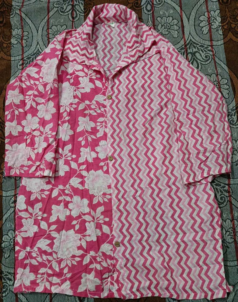 Pink Floral &amp; Zigzag Print Kurta