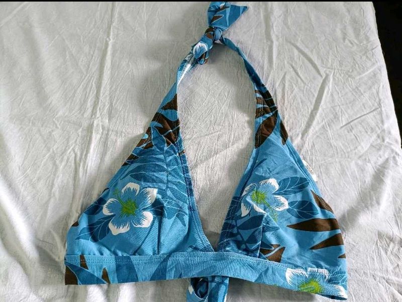 Blue Floral Halter Bikini Top