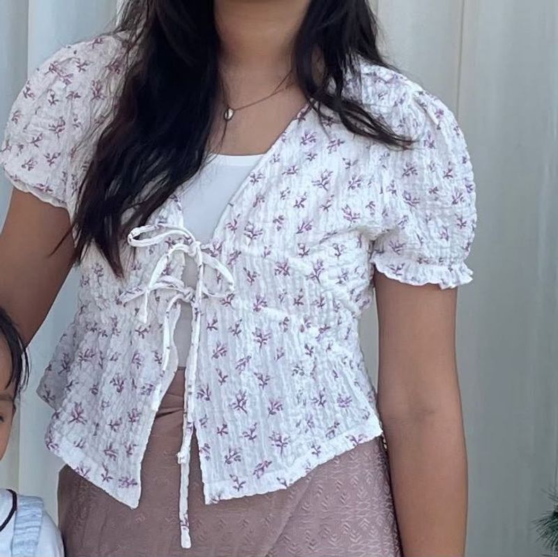 Floral Puff Sleeve Tie-Front Top