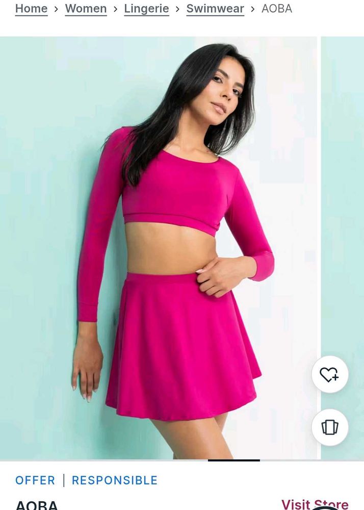 Women Magenta Solid Swim Top with Skirt