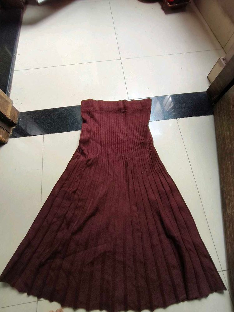 brown  Pleated Knit Maxi Skirt woollen