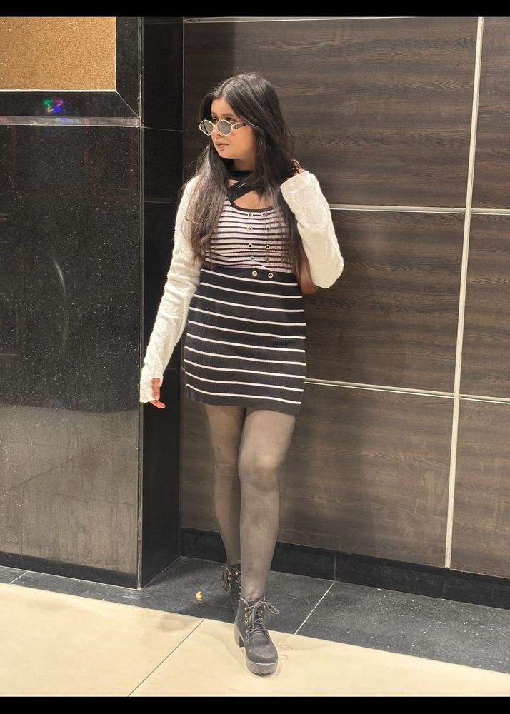 Striped Mini Dress with White Cardigan