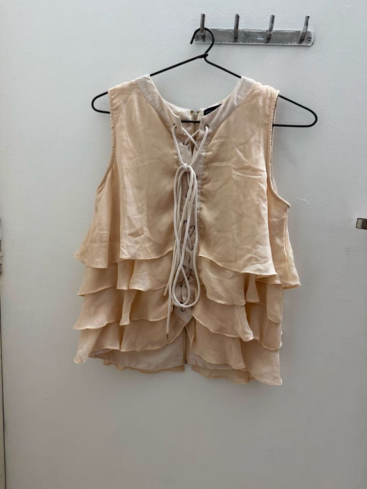 Cream Lace-Up Tiered Sleeveless Top