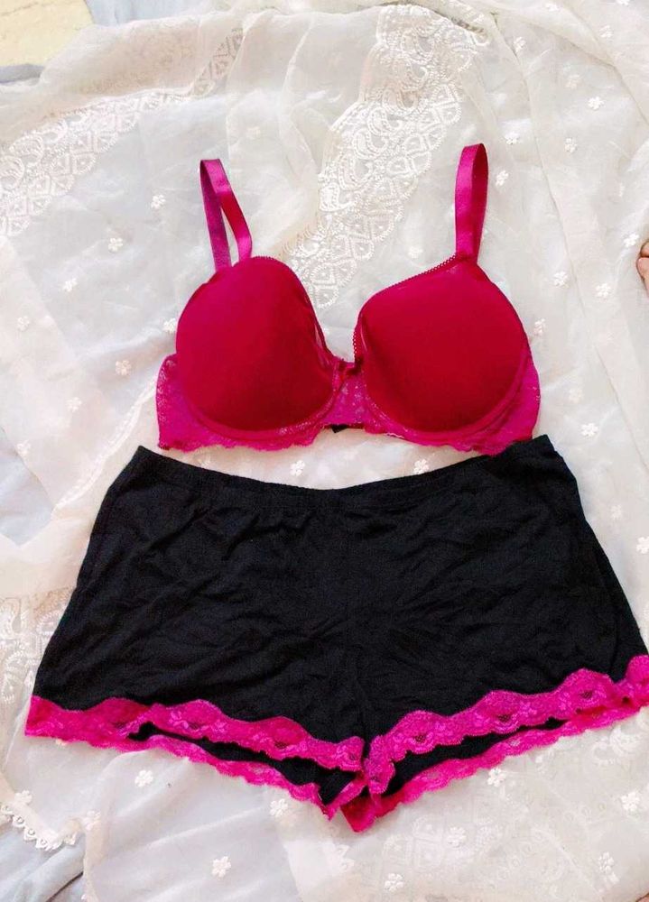Lace Trimmed Bra &amp; Shorts Set